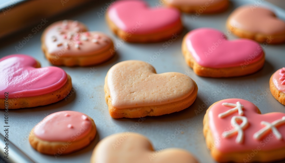 Heart-Shaped Valentine Cookies Close Up on Baking Tray Heart-Shaped Valentine Cookies Close Up on Baking Tray