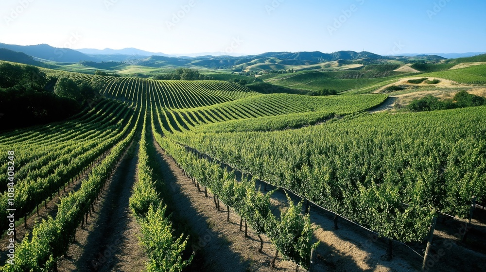 Expansive vineyard landscape with rows of green grapevines stretching over rolling hills under a clear blue sky, showcasing lush agricultural scenery and natural beauty. Expansive vineyard landscape with rows of green grapevines stretching over rolling hills under a clear blue sky, showcasing lush agricultural scenery and natural beauty.