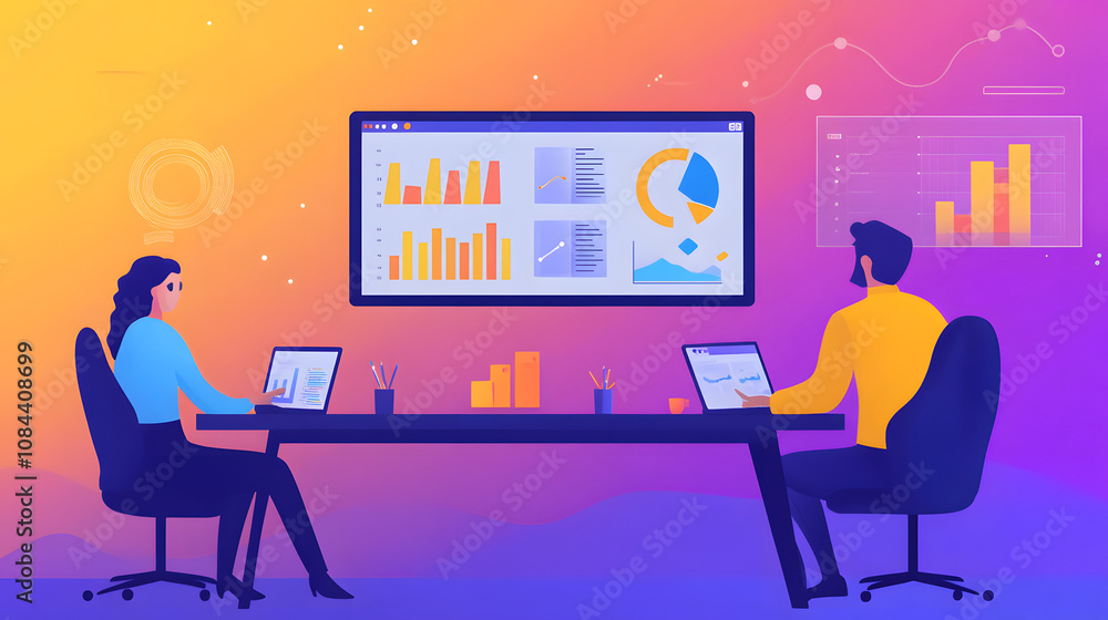 digital marketing strategy session with charts and graphs displayed on screens, featuring two people analyzing data on tablets in modern office setting digital marketing strategy session with charts and graphs displayed on screens, featuring two people analyzing data on tablets in modern office setting