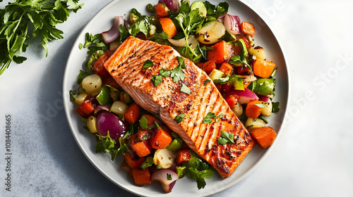 Grilled salmon fillet served with a colorful array of saut?(C)ed vegetables, garnished with fresh herbs for a healthy meal. 4k image photo