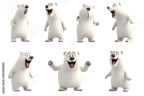 A series of six cartoon polar bears are shown in various poses. on transparent background.