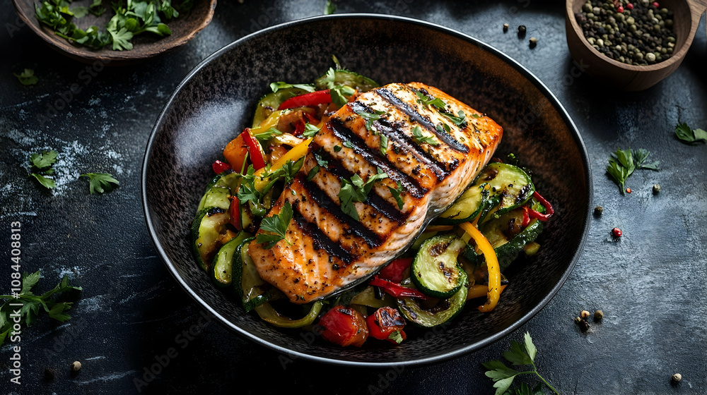 Grilled salmon fillet served with a colorful array of saut?(C)ed vegetables, garnished with fresh herbs for a healthy meal Grilled salmon fillet served with a colorful array of saut?(C)ed vegetables, garnished with fresh herbs for a healthy meal