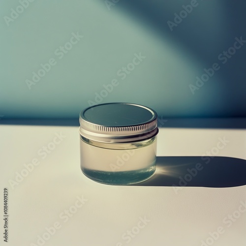 cream in a closed jar with silver cap on a white table, high hard contrast, retro style, Kodak Extra, Fujifilm shoot, magazine ulta realistic photo, generative ai photo