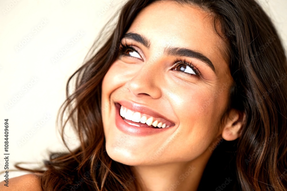 Captivating Close-Up Portrait of a Smiling Latin Brunette Beauty Woman Showcasing Radiant Expressions and Natural Charm Against a Simple Background Captivating Close-Up Portrait of a Smiling Latin Brunette Beauty Woman Showcasing Radiant Expressions and Natural Charm Against a Simple Background