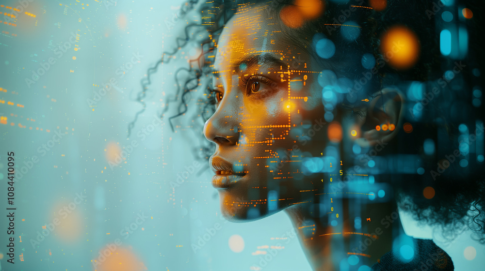 AI and Cybersecurity: Futuristic Portrait with Digital Code and Data Visualization, Female Cyber Analyst Analysing IT Security Threats Online, Generative AI AI and Cybersecurity: Futuristic Portrait with Digital Code and Data Visualization, Female Cyber Analyst Analysing IT Security Threats Online, Generative AI