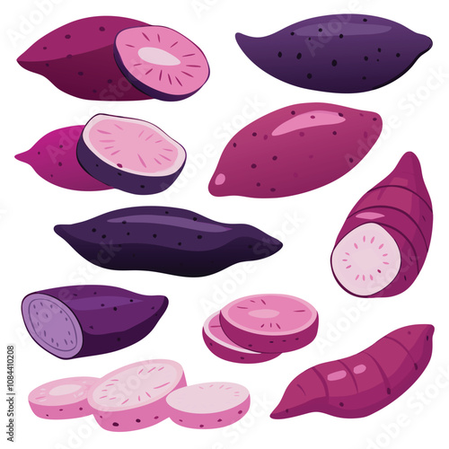 Sliced Sweet Potato Vegetable Art, Sliced purple yam Potato, healthy raw vegetable,Organic Farm Sweet Potato