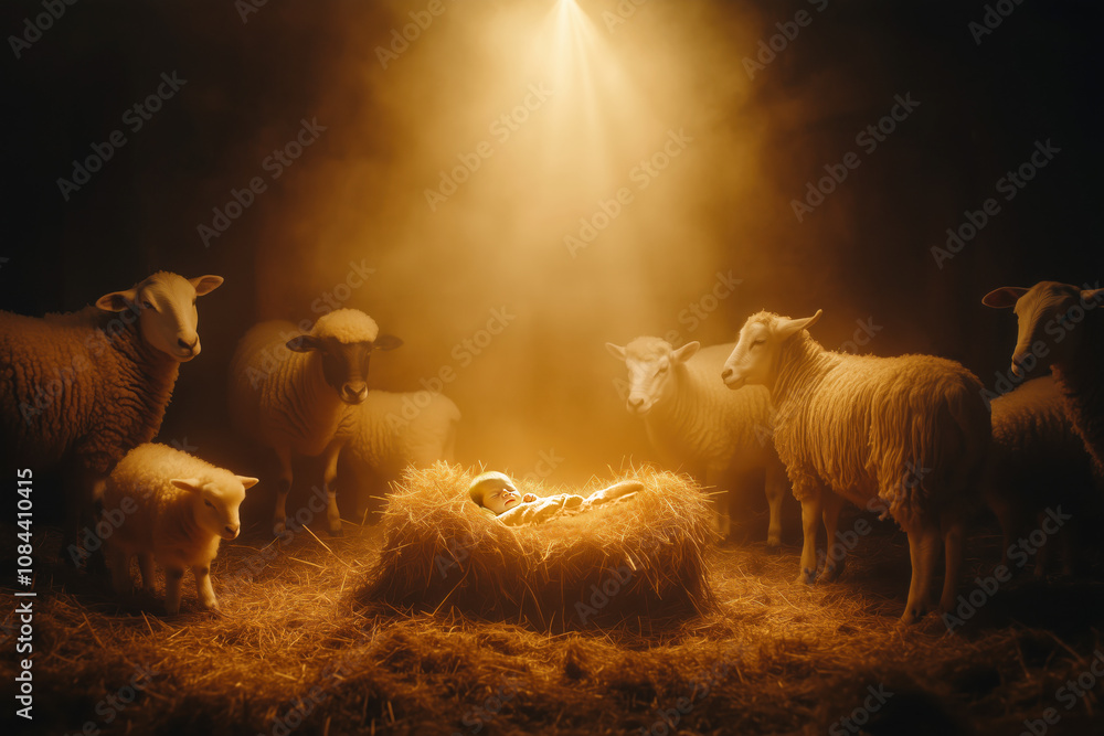 Fototapeta premium Nativity Scene Jesus Child Sleeping in Manger Nearby Lambs