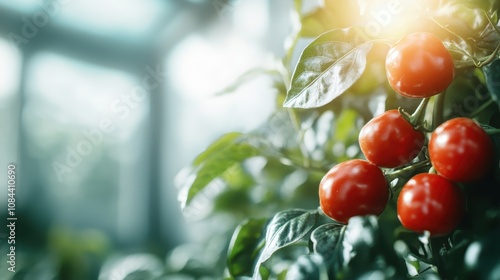 The image presents sunlit red peppers prominently set against the lush green foliage of a garden plant, capturing the essence of a fresh harvest. photo