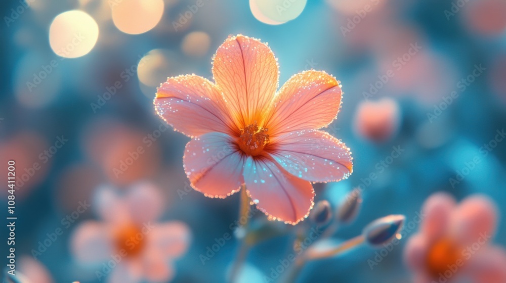 Fototapeta premium Focused Primrose bloom with soft petals, surrounded by a dizzy, pixelated and abstract background, creating a surreal visual effect.