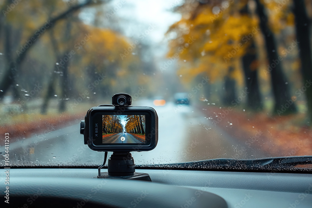 Leek black dashboard camera mounted on vehicle windshield. Leek black dashboard camera mounted on vehicle windshield.