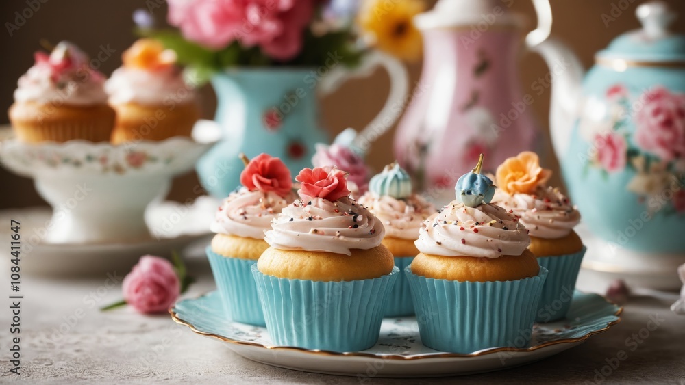 Delightful cupcakes adorned with fresh berries and floral decorations on a vintage tea table Delightful cupcakes adorned with fresh berries and floral decorations on a vintage tea table