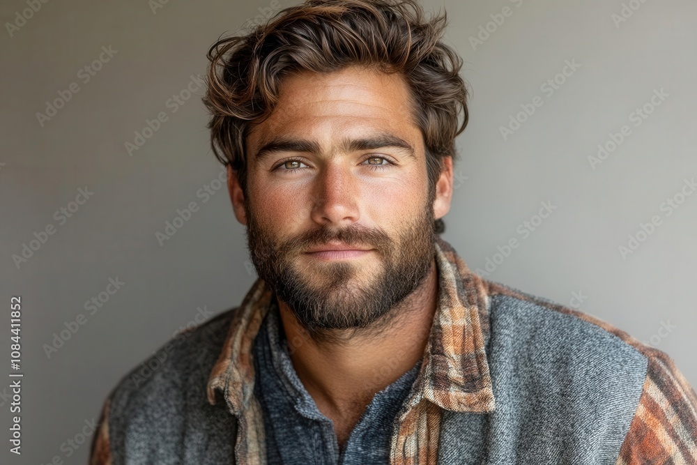 portrait of an attractive young man with a beard, showcasing his rugged charm and confident demeanor against a neutral backdrop portrait of an attractive young man with a beard, showcasing his rugged charm and confident demeanor against a neutral backdrop