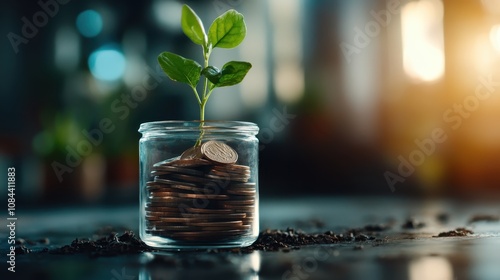 A small plant delicately grows from a jar filled with coins, beautifully illustrating the harmonious blend of ecological sustainability and financial investment. photo