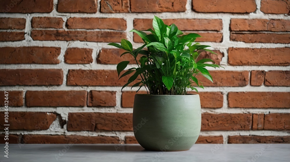 Naklejka premium Green plant in a stylish pot against a brick wall - ecology and interior.