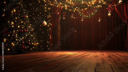 Festive Christmas Stage Setting Tree Lights Ornaments Wooden Floor