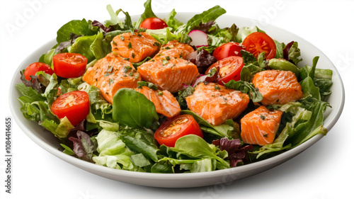 Freshly Made Salad Featuring Vibrant Tomatoes and Succulent Salmon for a Healthy Meal