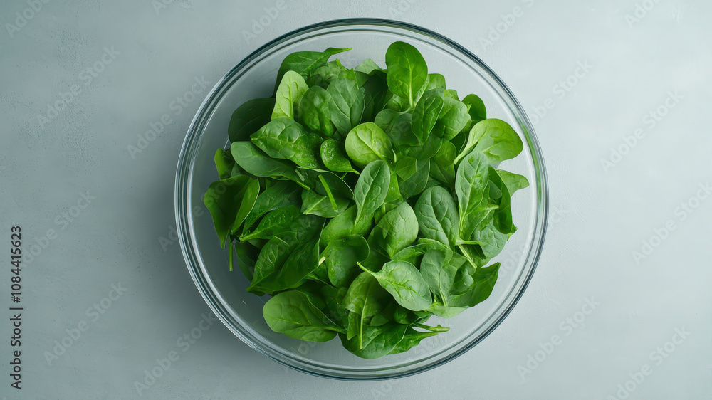 Fresh Spinach Leaves Arranged in a Transparent Bowl on a Light Surface for Healthy Cooking Fresh Spinach Leaves Arranged in a Transparent Bowl on a Light Surface for Healthy Cooking