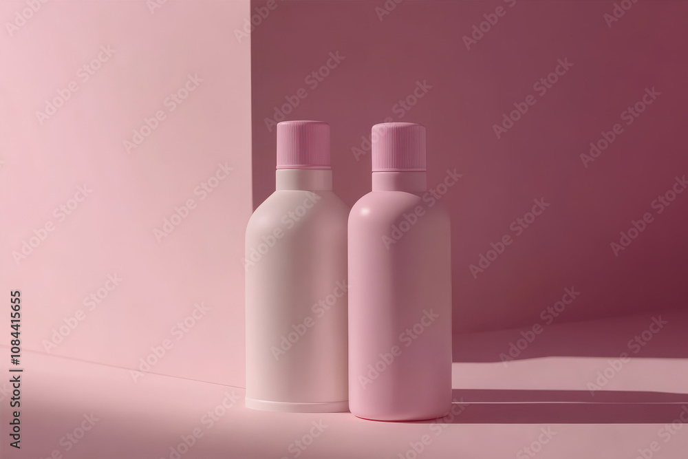 Stylish Pink and White Shampoo Bottles Create a Chic Display in a Soft Pastel Setting Stylish Pink and White Shampoo Bottles Create a Chic Display in a Soft Pastel Setting