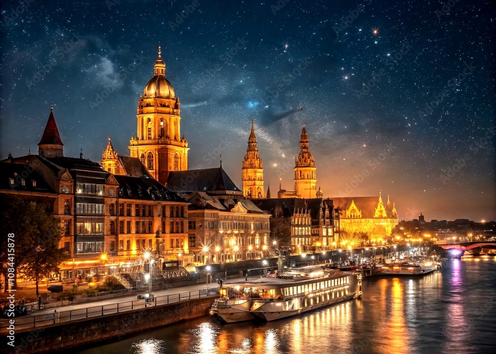 Obraz premium Captivating Night Photography of Mainz Town’s Historic Architecture and Riverside Views Under Starry Skies