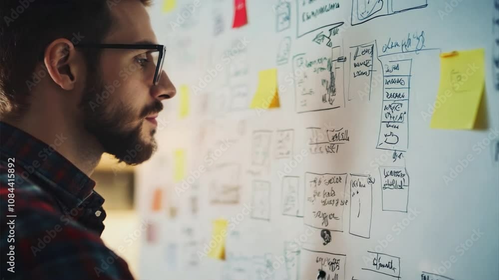 A man with glasses is looking at a white board with yellow post-it notes on it A man with glasses is looking at a white board with yellow post-it notes on it