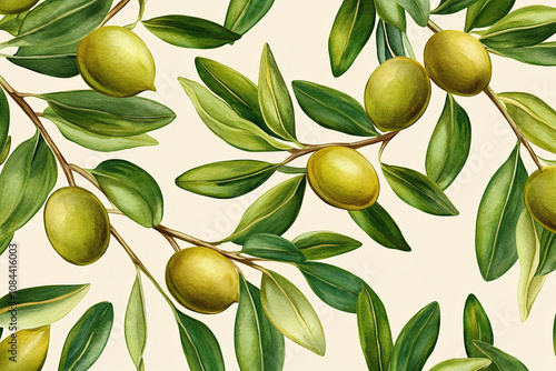 Seamless pattern of olive leaves, watercolor style, wallpaper, background.