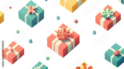 Vector illustration with multiple holiday-themed presents, tags, and gift boxes on a white background photo