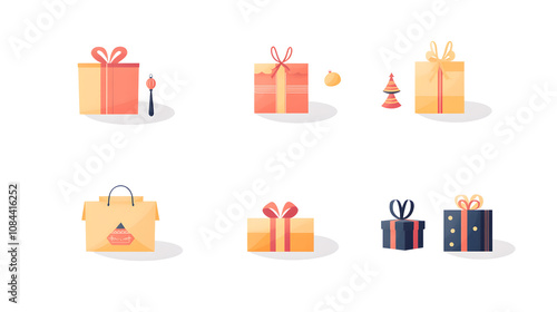 Vector design with multiple holiday gift boxes, ornaments, and festive ribbons arranged on a white background photo