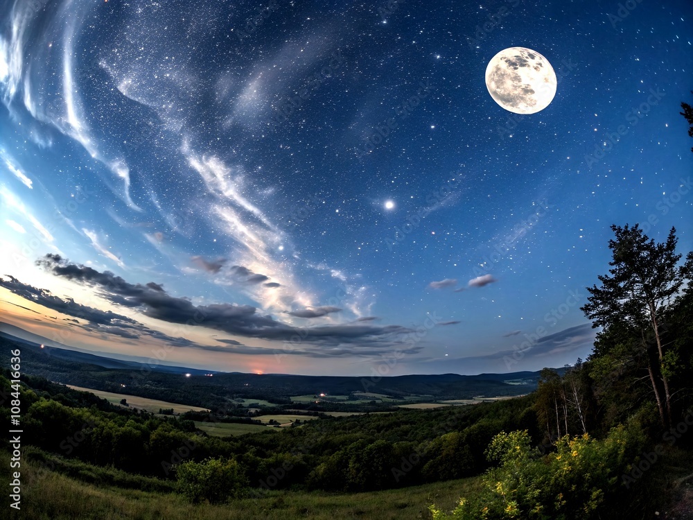 Captivating Panoramic View of a Full Moon Night Illuminating a Starry Sky with Wispy Moving Clouds Over a Serene Landscape, Perfect for Nature and Night Photography Lovers Captivating Panoramic View of a Full Moon Night Illuminating a Starry Sky with Wispy Moving Clouds Over a Serene Landscape, Perfect for Nature and Night Photography Lovers