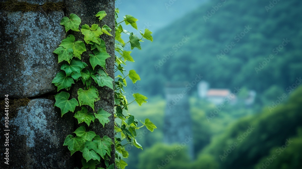 Fototapeta premium Lush green ivy growing on a stone wall with a village in the background.