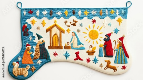 Colorful Christmas stocking with nativity scene.