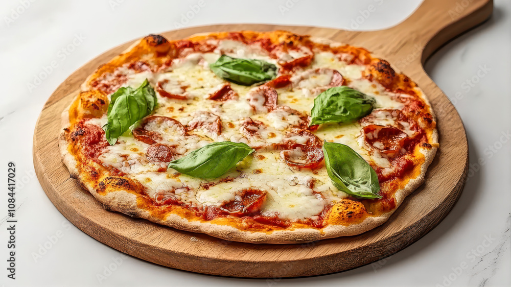 Delicious Homemade Pizza Topped With Fresh Basil on a Rustic Wooden Board Delicious Homemade Pizza Topped With Fresh Basil on a Rustic Wooden Board