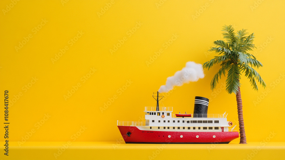 Red Cruise Ship Tropical Palm Tree Yellow Background Travel Vacation Red Cruise Ship Tropical Palm Tree Yellow Background Travel Vacation
