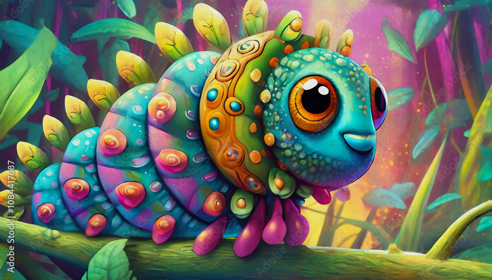 Fototapeta premium oil painting style cartoon character illustration multicolored caterpillar heads