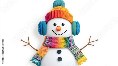 Cheerful snowman wearing colorful winter accessories.