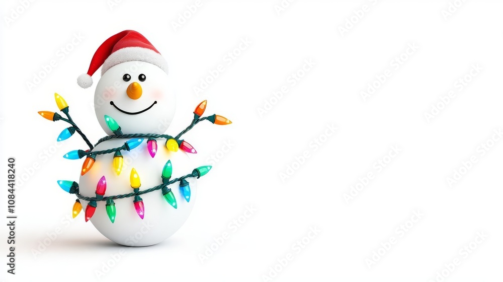 Cheerful snowman with festive lights and hat. Cheerful snowman with festive lights and hat.