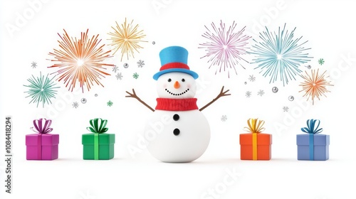 Cheerful snowman celebrating with fireworks. photo