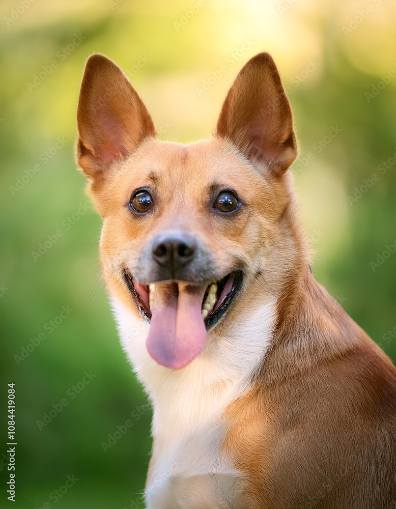 Funny dog expression or funny pose with blur green bokeh background Funny dog expression or funny pose with blur green bokeh background
