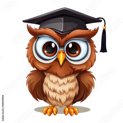 Adorable cartoon owl wearing graduation cap, symbolizing wisdom and education, with big expressive eyes and fluffy feathers, perfect for educational content and illustrations. photo