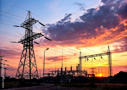 Captivating Sunset Timelapse of Electricity Towers and Substation Illuminated by Dusk’s Golden Glow, Showcasing the Beauty and Power of Energy Infrastructure in Nature photo