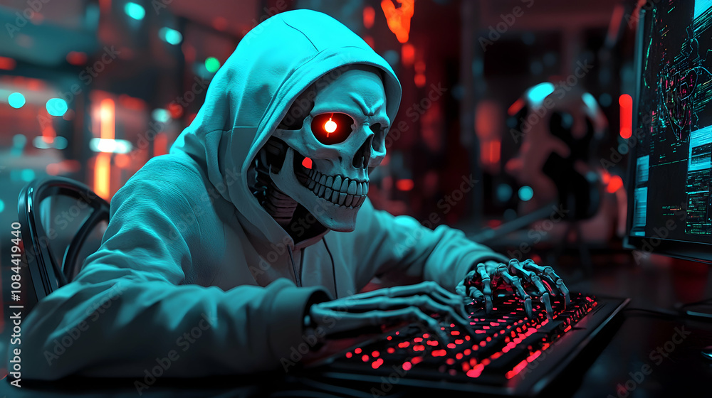 Skeleton wearing a white hoodie typing on a keyboard with a glowing interface in a digital setting Skeleton wearing a white hoodie typing on a keyboard with a glowing interface in a digital setting