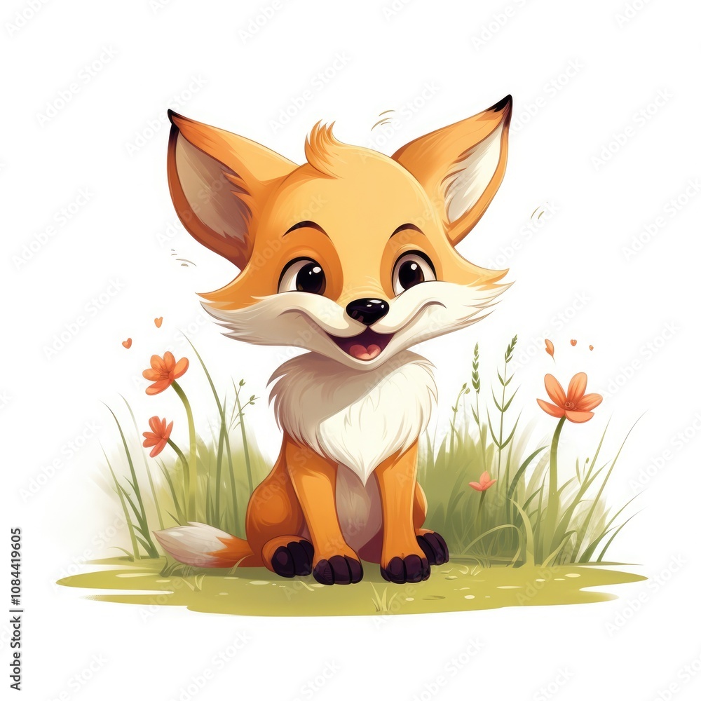 Obraz premium Cute and Playful Cartoon Fox Character Sitting in Flower-Filled Meadow with Happy Expression, Embracing Nature's Charm and Beauty in a Whimsical Style