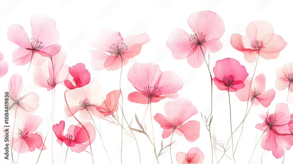 Fototapeta premium Delicate pink flowers blooming with grace in a serene white background during springtime