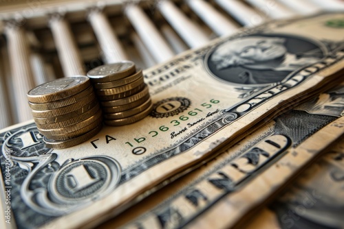 Stack of coins sitting on dollar bills with a government building in the background representing concepts like global finance and economic growth photo