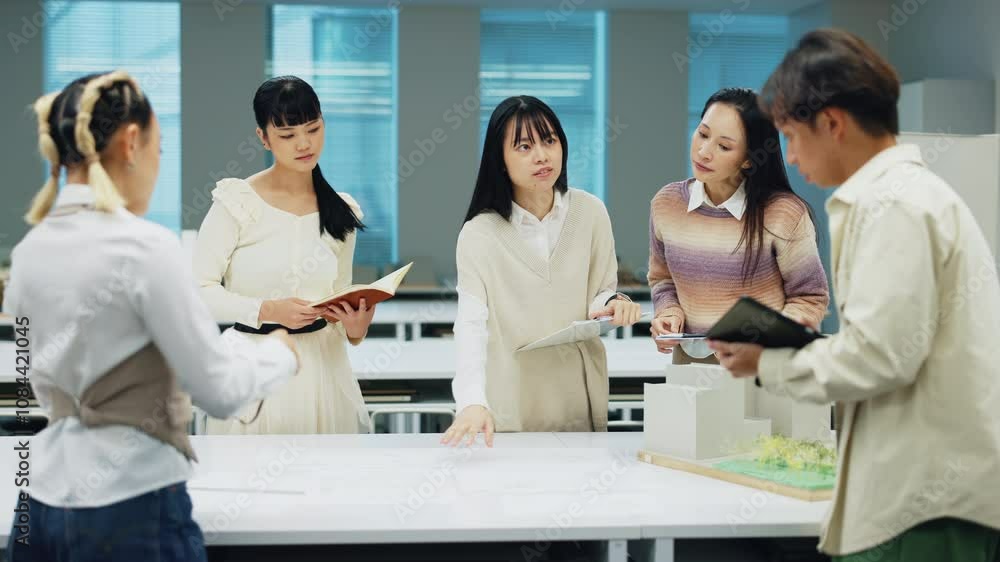Group, students and architecture with building model for team project, real estate and renovation education. People, learning and blueprint for 3d prototype, university and development ideas in Japan Group, students and architecture with building model for team project, real estate and renovation education. People, learning and blueprint for 3d prototype, university and development ideas in Japan