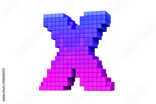 Pixel art alphabet colletction letter X in purple to pink color scheme. High quality 3D rendering. photo