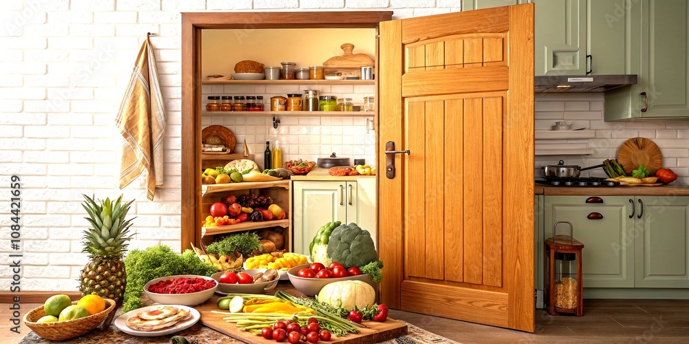 Cartoon Vector of Open Wooden Door with Delicious Food Spread, Inviting Atmosphere of Culinary Delights and Fresh Ingredients in a Cozy Kitchen Setting Cartoon Vector of Open Wooden Door with Delicious Food Spread, Inviting Atmosphere of Culinary Delights and Fresh Ingredients in a Cozy Kitchen Setting