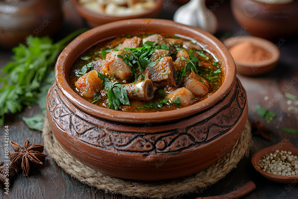 Lamb stew with vegetables and fresh parsley served in a decorative Georgian clay pot Lamb stew with vegetables and fresh parsley served in a decorative Georgian clay pot
