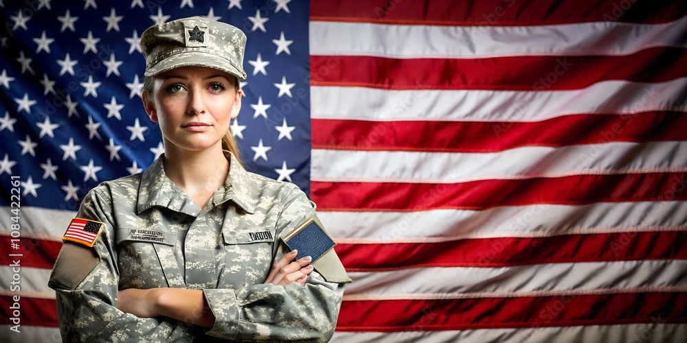 American female soldier in front of an American flag, space for text American female soldier in front of an American flag, space for text