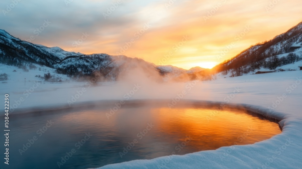 A steaming hot spring lies in a snowy landscape at dusk, framed by distant mountains, creating a mesmerizing interplay of colors and contrasts in nature. A steaming hot spring lies in a snowy landscape at dusk, framed by distant mountains, creating a mesmerizing interplay of colors and contrasts in nature.