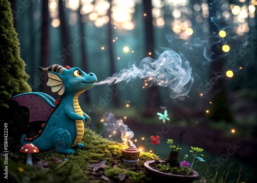 Charming Double Exposure of a Cute Dragon Toy Breathing Smoke in a Magical Fantasy Landscape with Enchanted Forest and Whimsical Elements photo